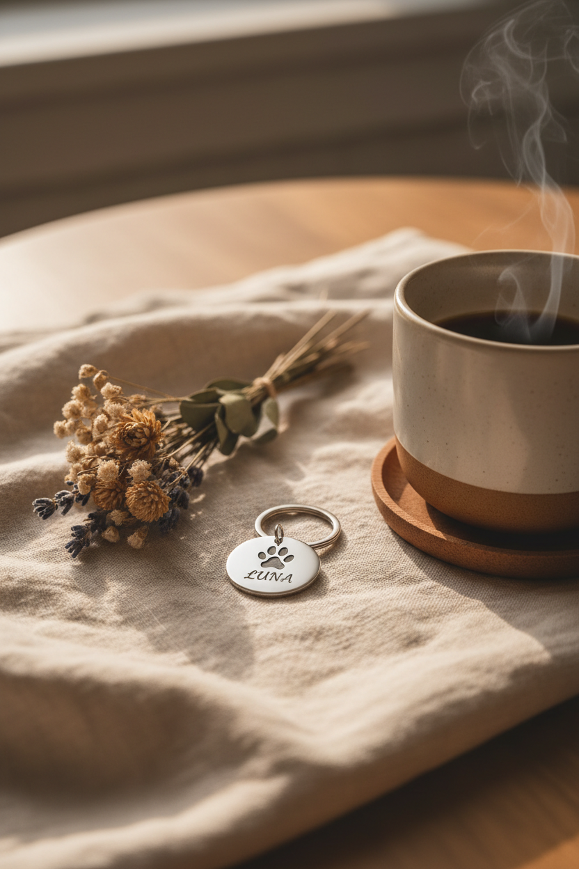 Pawprint Keychain lifestyle photo - paw print pendant on linen with dried flowers