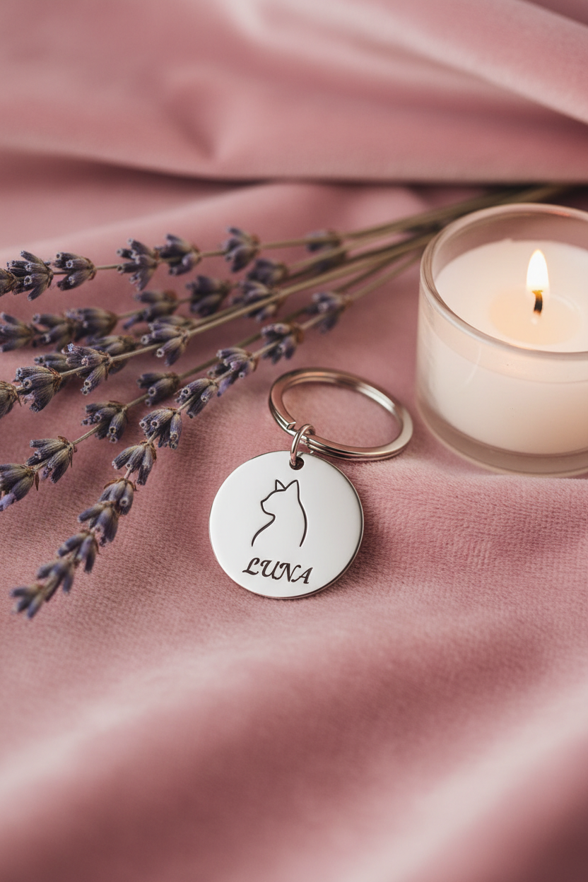 Cat Portrait Keychain lifestyle photo - cat portrait pendant on pink velvet with lavender