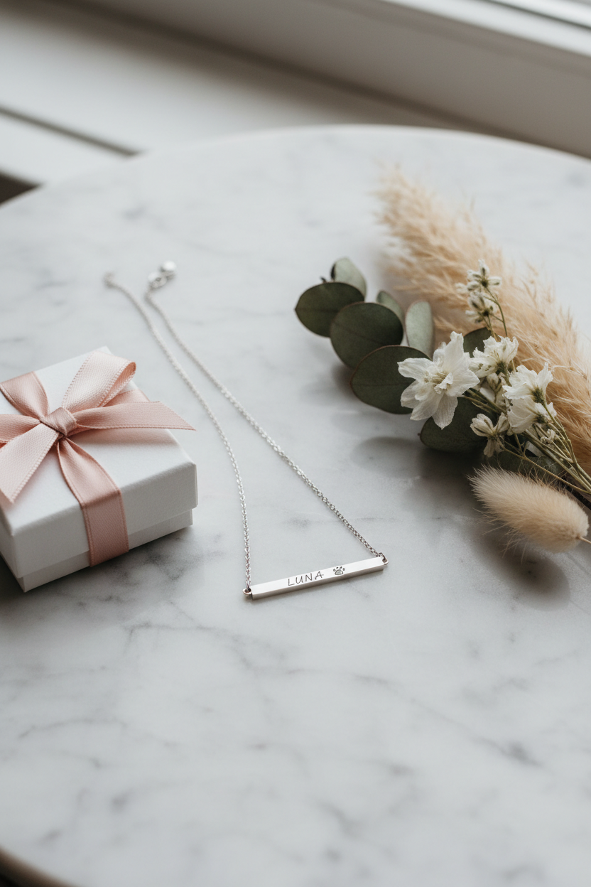 Pet Name & Paw Necklace lifestyle photo - bar necklace on marble with flowers and gift box