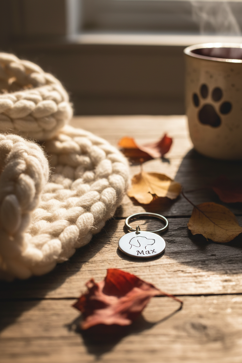 Pet Portrait Keychain lifestyle photo - portrait pendant on rustic wood with autumn leaves