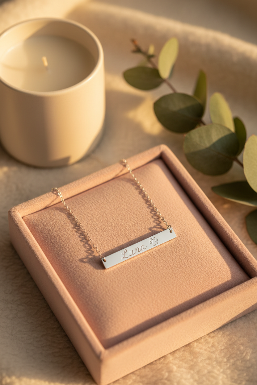Pet's Name & Paw Print Necklace lifestyle photo - bar necklace on blush velvet tray with candle