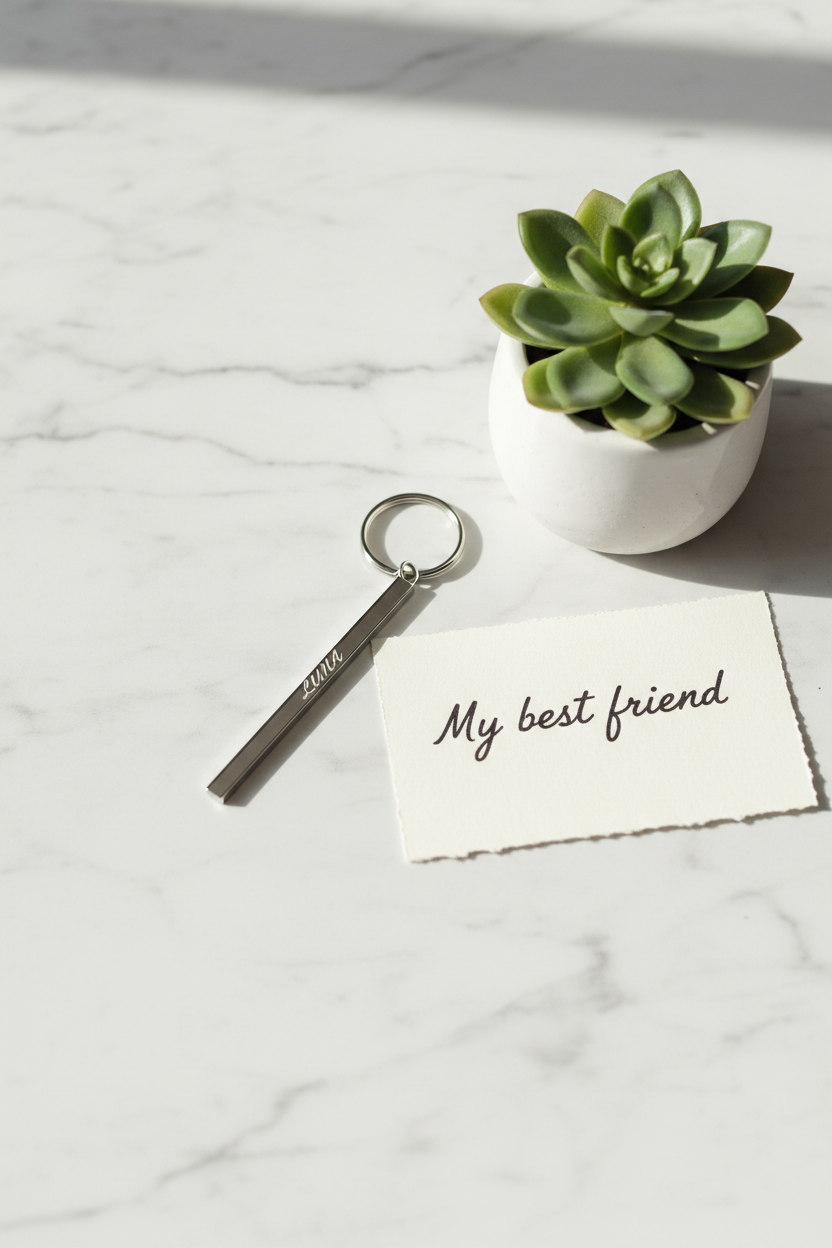 Pet Name Keychain lifestyle photo - bar keychain on marble with succulent and handwritten note