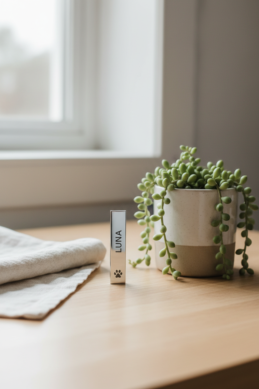 Vertical Bar Keychain lifestyle photo - bar keychain on light wood with potted plant