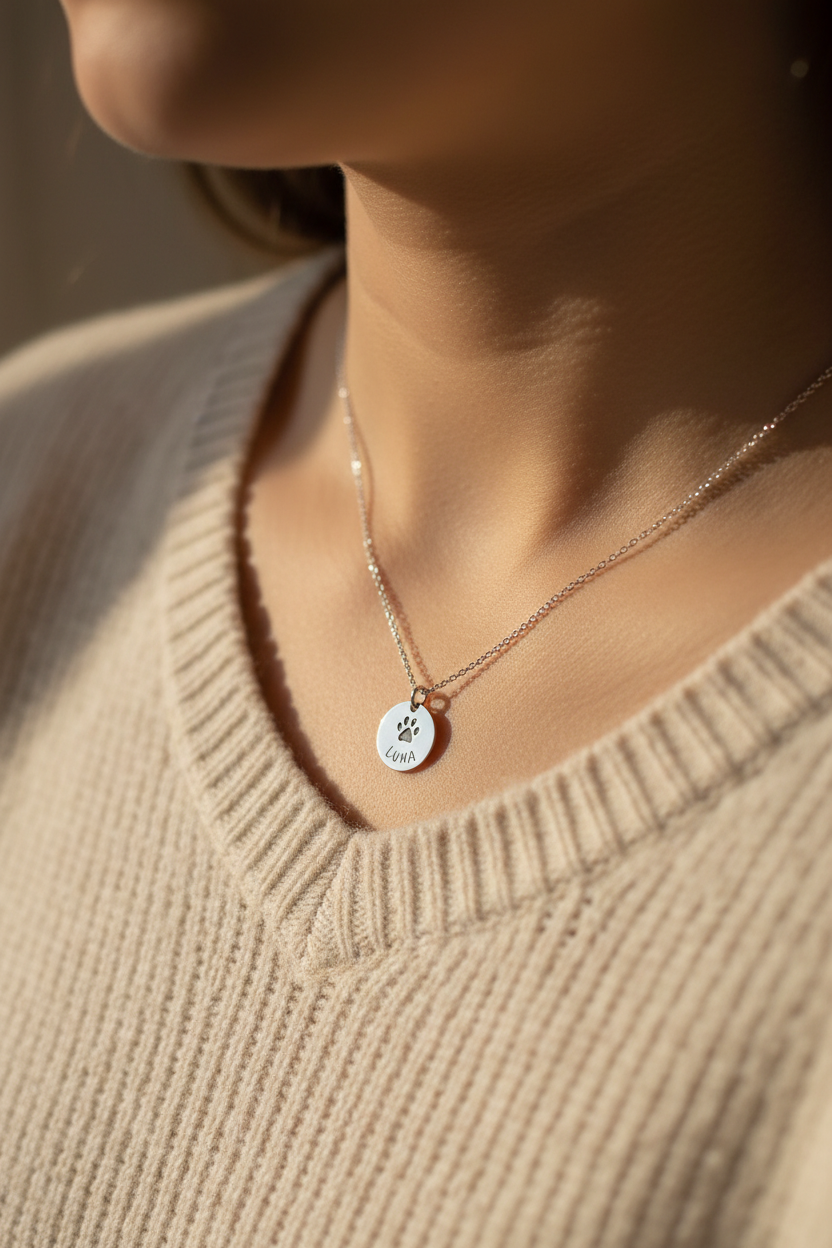 Paw Print Necklace lifestyle photo - paw print pendant worn over cream knit sweater