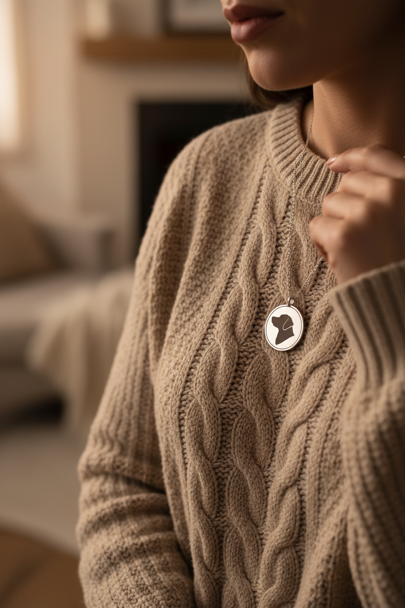 Dog Portrait Necklace lifestyle photo - dog portrait pendant on cozy beige sweater
