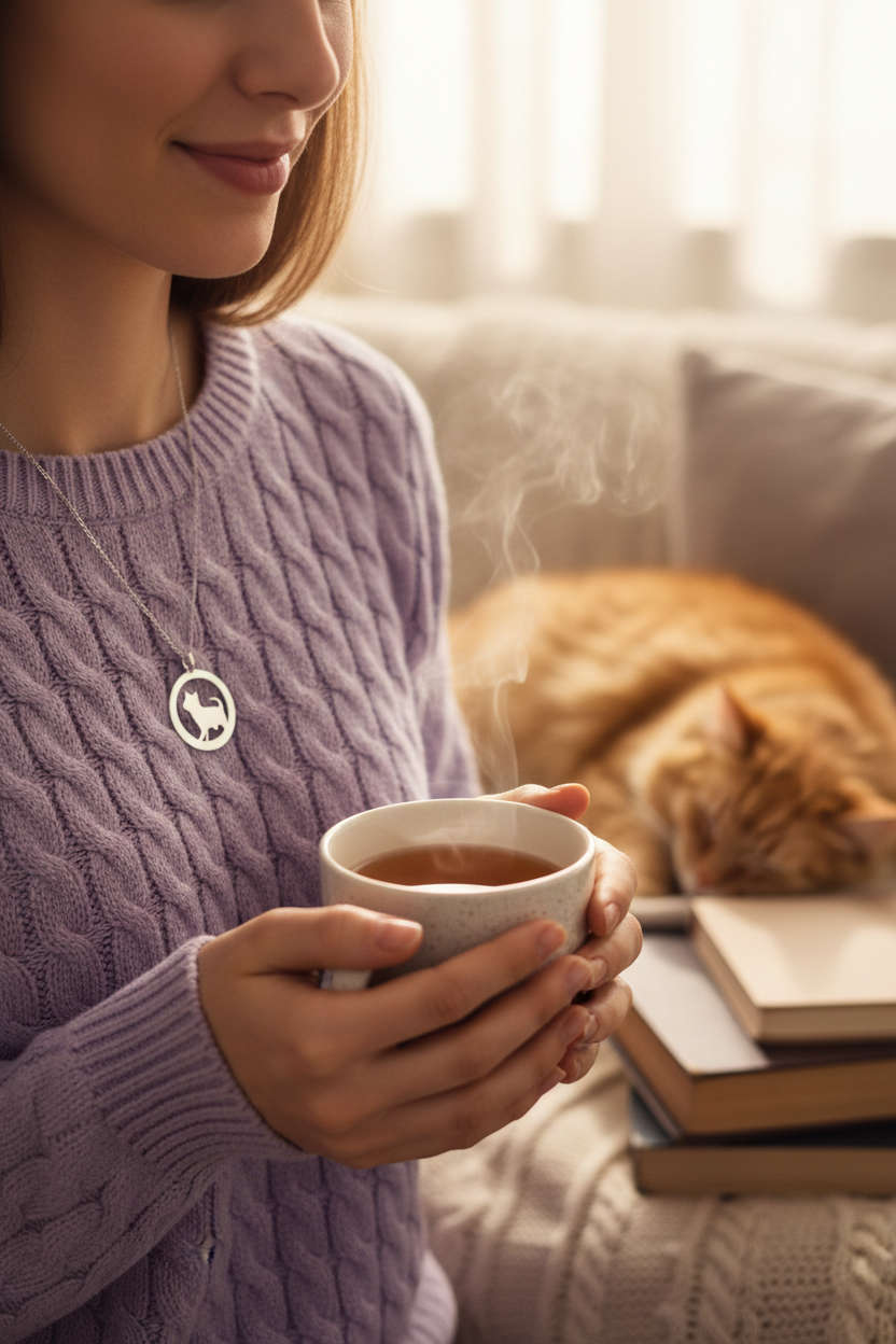 Cat Portrait Necklace lifestyle photo - cat portrait pendant worn with lavender sweater and tea
