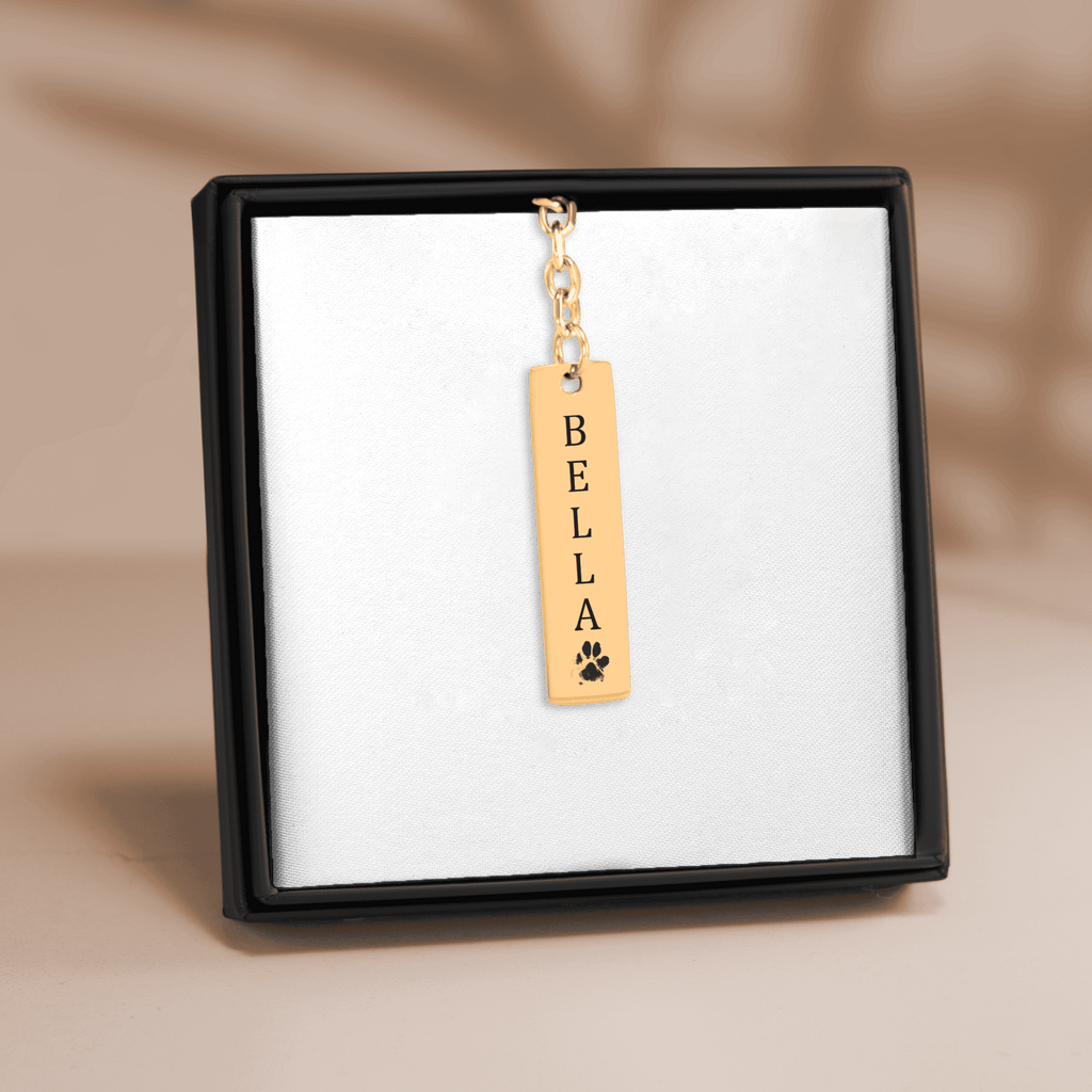 Personalized Pet Name & Paw Print Bar Keychain | Custom Dog & Cat Mom Gift | Pet Memorial