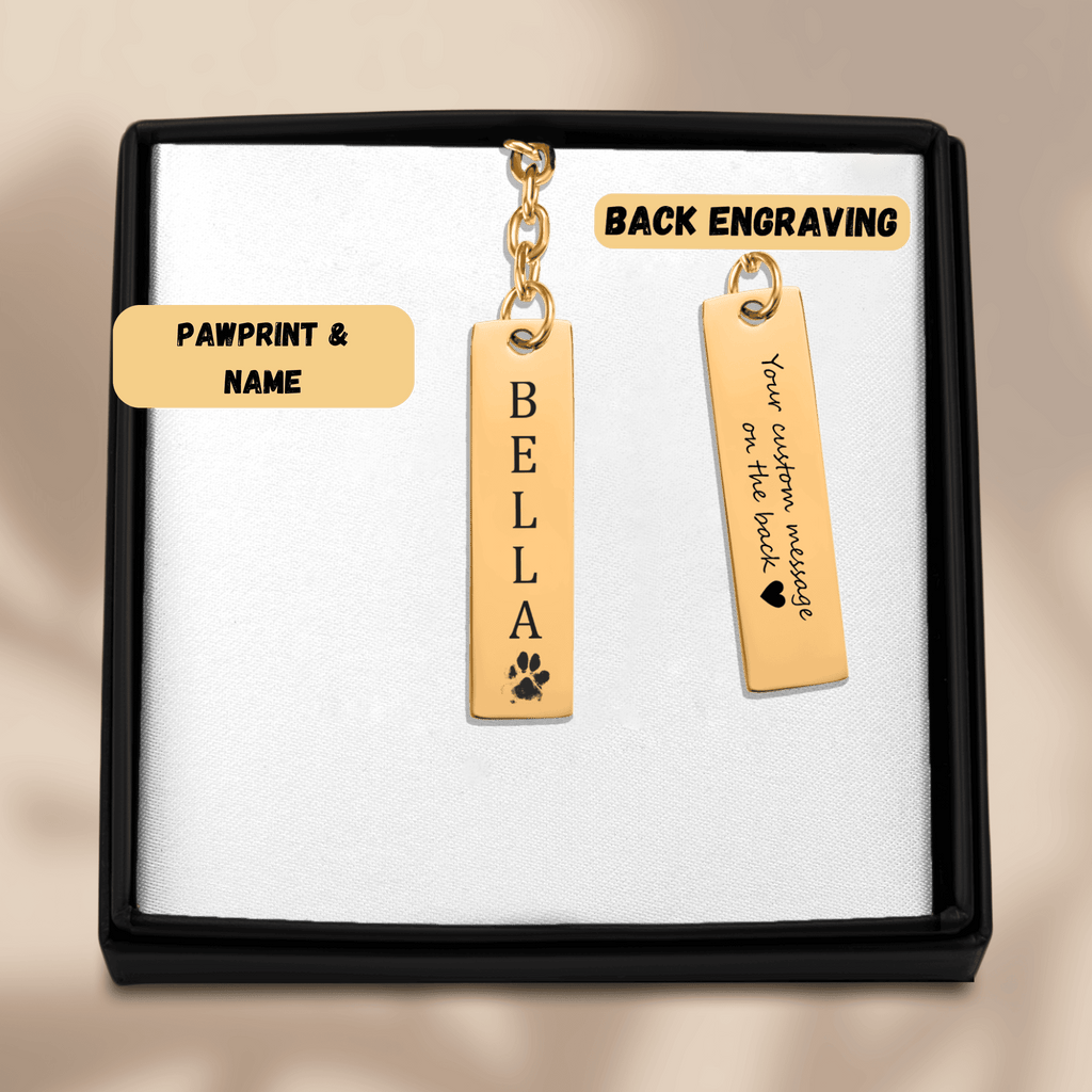Personalized Pet Name & Paw Print Bar Keychain | Custom Dog & Cat Mom Gift | Pet Memorial