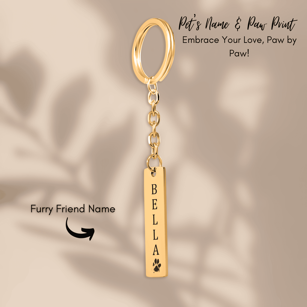 Personalized Pet Name & Paw Print Bar Keychain | Custom Dog & Cat Mom Gift | Pet Memorial