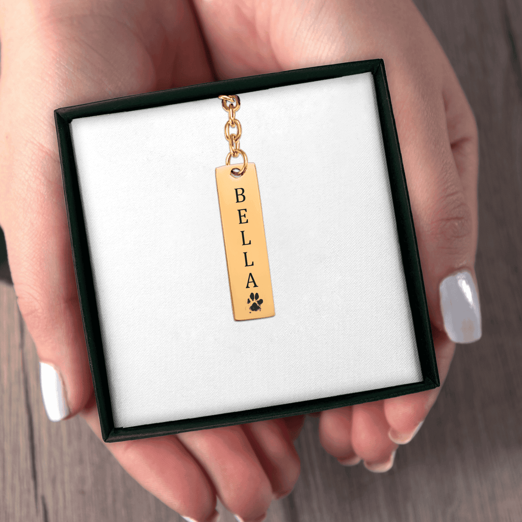 Personalized Pet Name & Paw Print Bar Keychain | Custom Dog & Cat Mom Gift | Pet Memorial